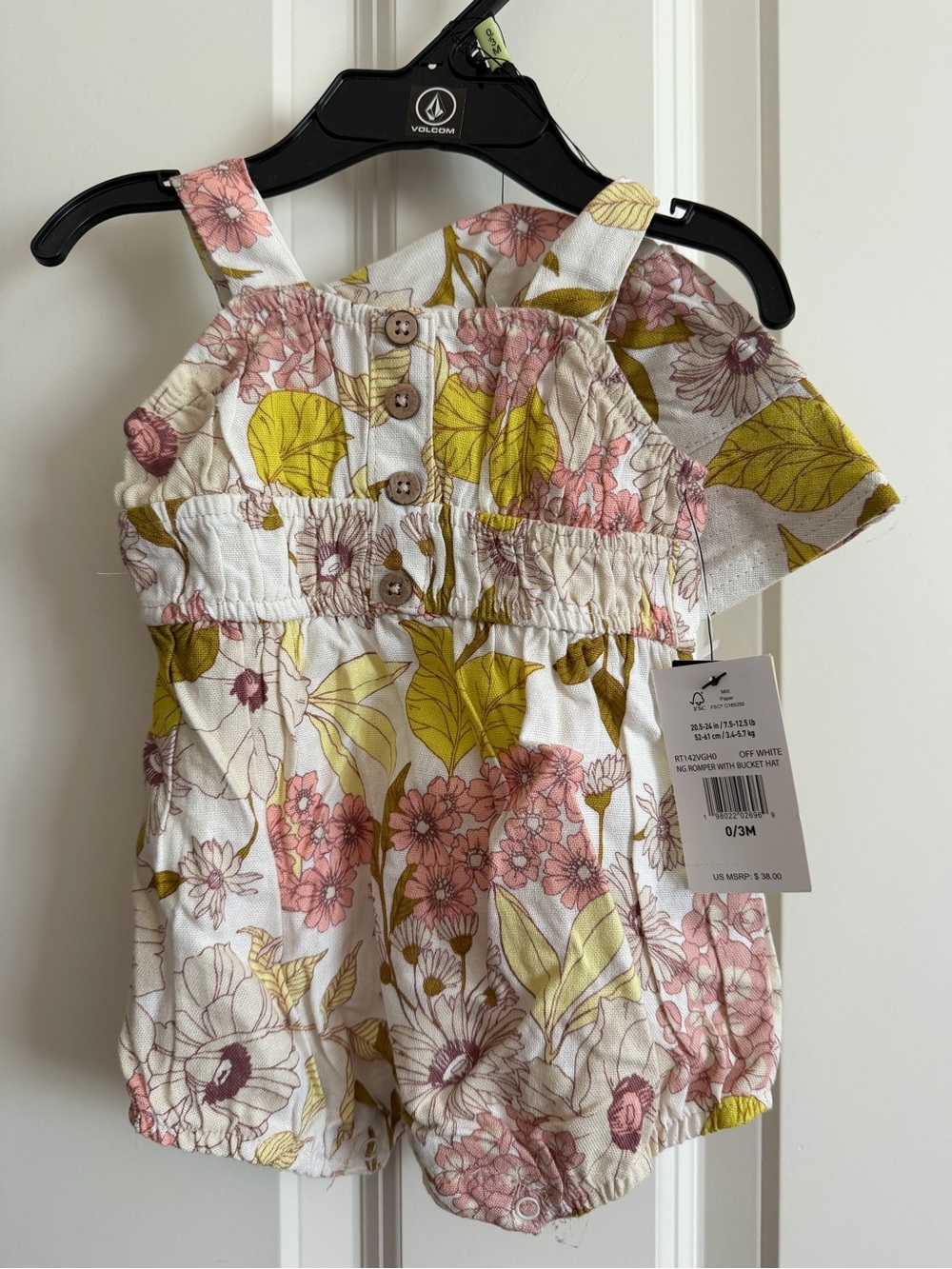 Volcom 0/3 months linen blend romper and bucket hat, NWT
